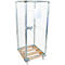 Metal mesh cart with wooden pallet and wheels. Empty white board. Mesh door with latch.